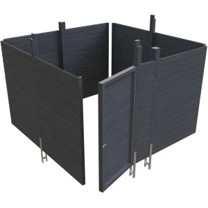 Skan Holz Abstellraum C2, 314x317 cm, Profilschalung in Schiefergrau mit Tür und Pfostenankern.