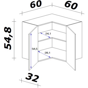 Skizze des Flex-Well Classic Eck-Hängeschranks Nano 60x60 Buche mit Maßen.