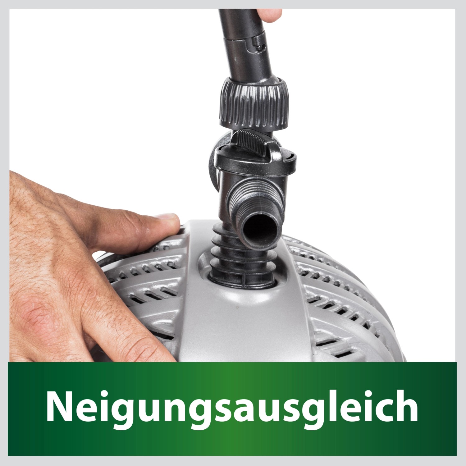 Heissner Aqua Jet Eco Teichpumpe mit Neigungsausgleich und Wasserspielaufsatz.