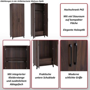 MCW Hochschrank P42 in Wotan-Eiche-Optik. Geschlossen und offen mit Kleiderstange, Ablagefach und Schublade. Garderobenschrank.