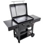 Char-Broil Versa-Tile Gasgrill mit Grillplatte, Grillrost und Pizza-Aufsatz. Schwarzes Design mit Ablageflächen.