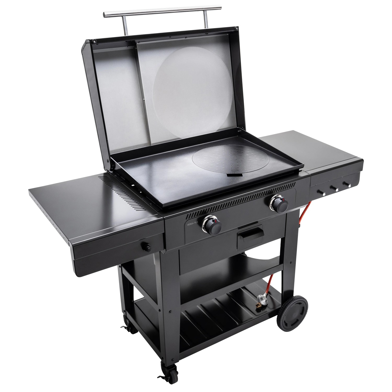 Char-Broil Versa-Tile Gasgrill mit Grillplatte, Grillrost und Pizza-Aufsatz. Schwarzes Design mit Ablageflächen.