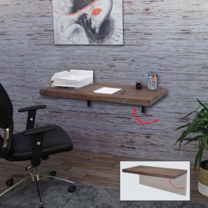 Wandtisch H48, klappbar, 100x50 cm, Shabby Braun, im Wohnzimmer mit Büromaterial und Bürostuhl.