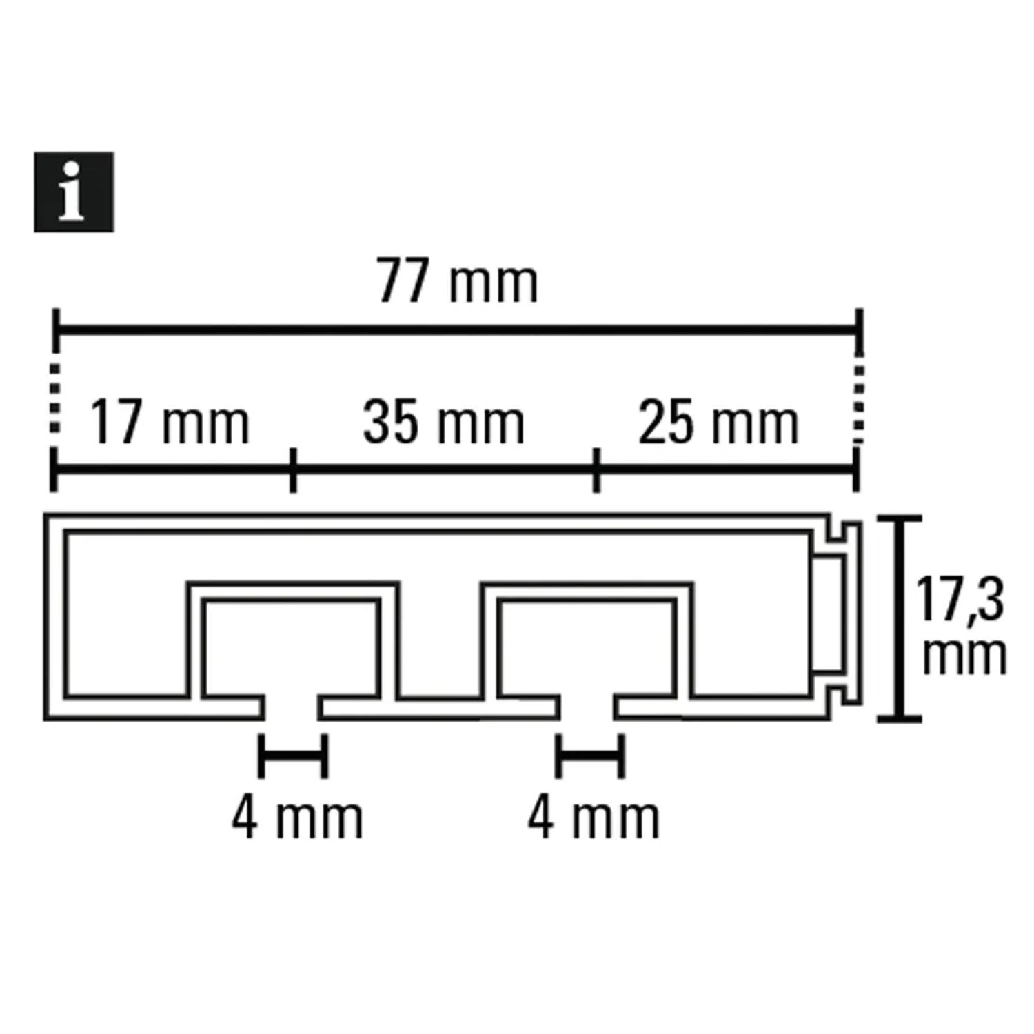 Technische Zeichnung Gardinia Vorhangschiene GE2, 2-läufig, weiße Schiene mit Maßangaben.