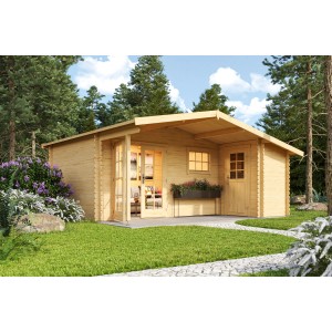 Lasita Maja Gartenhaus Little Rock, naturbelassenes Holz mit überdachter Terrasse. Ideal als Gerätehaus oder Freizeithaus.