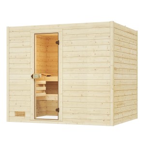 Weka Massivholzsauna Valida mit Glastür, naturbelassenes Fichtenholz, ohne Ofen.