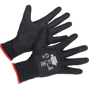Schwarze LUX Arbeitshandschuhe Green Glove Gr. 8 mit rotem Saum, Handflächenbeschichtung.