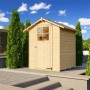 Foto eines unbehandelten Weka Holz-Gartenhauses mit Satteldach im Garten.