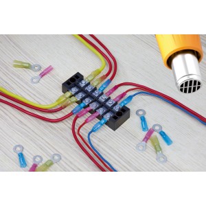 63-teiliges Schrumpfverbinder Set für Autoelektrik mit Kabeln und Heißluftpistole.