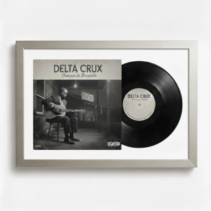 K-Möbel Schallplattenrahmen Platin 40x60 mit Cover und Vinyl in weißem Passepartout.