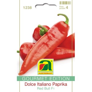 Samenpackung Austrosaat Gourmet Edition Dolce Italiano Paprika Red Bull F1 mit roten Spitzpaprika.