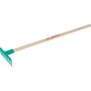 Bosch Kinder-Rechen mit Holzstiel und grünem Rechenkopf für Spiel & Spaß im Garten.