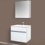 Sanotechnik Waschbeckenunterschrank, weiß matt, 59 cm breit, mit zwei Schubladen und passendem Spiegelschrank.