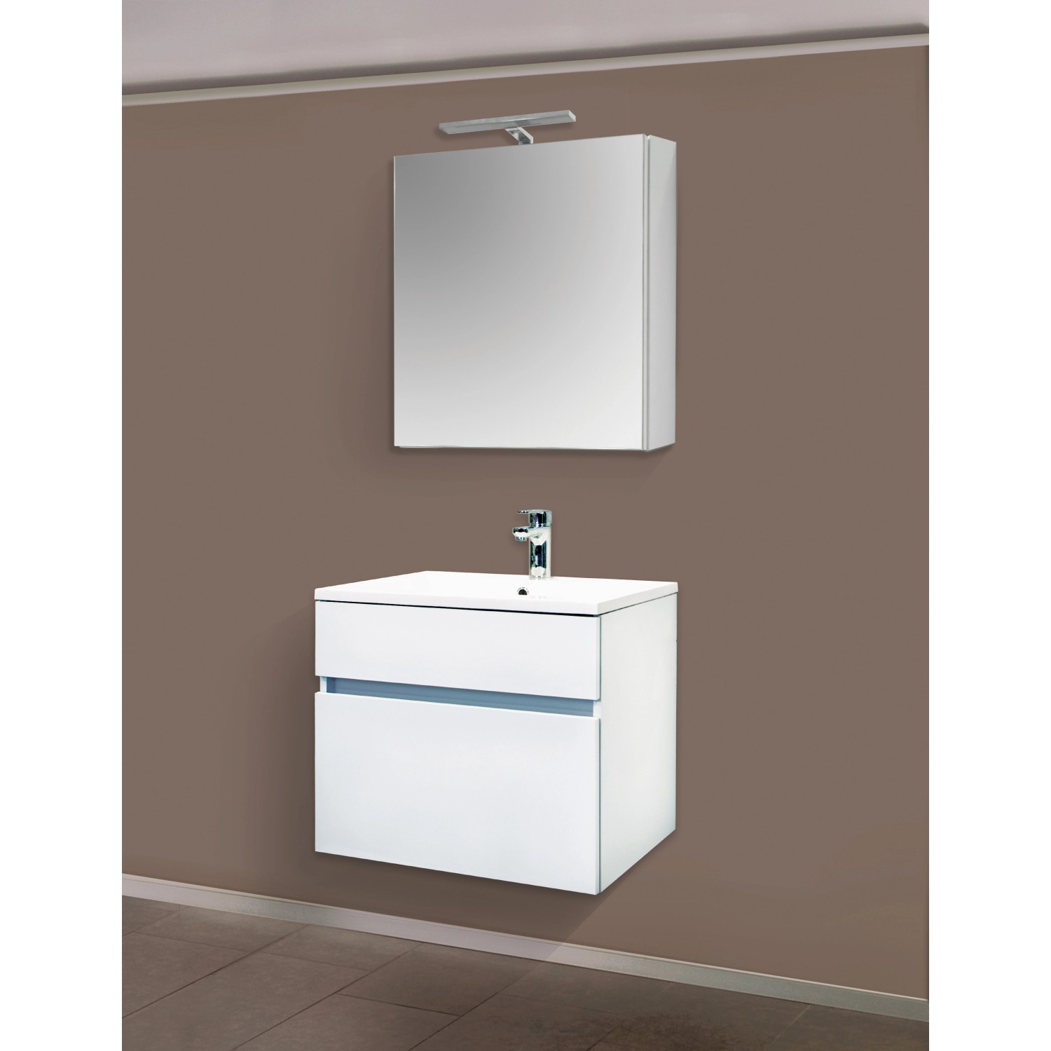 Sanotechnik Waschbeckenunterschrank, weiß matt, 59 cm breit, mit zwei Schubladen und passendem Spiegelschrank.