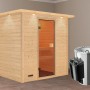 Karibu Sauna Selena mit Ofen und LED-Dachkranz aus Naturholz mit bronzierter Glastür.