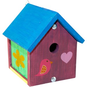 Bemalter Nistkasten-Bausatz Robin aus Holz mit blauem Dach, Blume, Vogel und Herz.