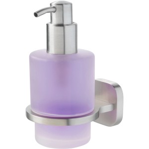 Tiger Seifenspender Ramos, Edelstahl gebürstet, mit lila Glasbehälter.