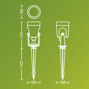 Technische Zeichnung: Philips Reuel Niedervolt Spot, schwarzer LED-Gartenstrahler mit Erdspieß und Maßen.