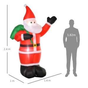 Roter, aufblasbarer Weihnachtsmann 2,4m hoch mit grünem Sack und LED-Beleuchtung. Ideal für Weihnachtsdekoration.