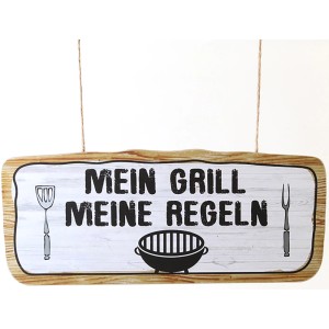Hängeschild 'Mein Grill/Meine Regeln' aus Metall, 35x14,5cm, Gartendeko.