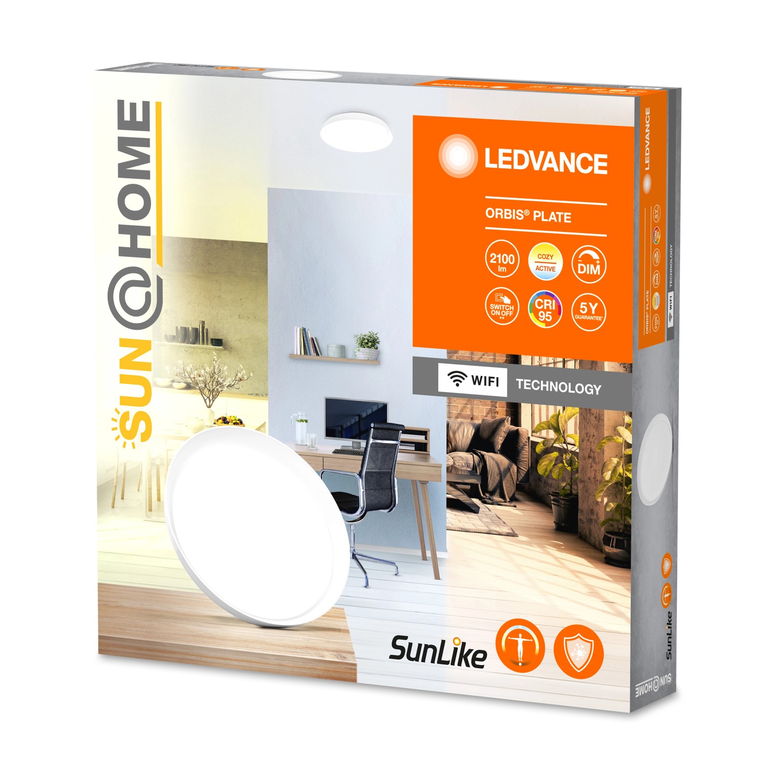 Verpackung der Ledvance Orbis Plate Sun@Home Smart+ Deckenleuchte, Ø 43cm.