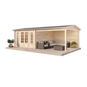 Alpholz Gartenhaus Freiburg-44 aus Holz mit Doppeltür und überdachter Terrasse.