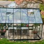 Halls Gewächshaus Garden Room, 12,9 m², grüne Aluminiumstruktur mit Sicherheitsglas und Möblierung.