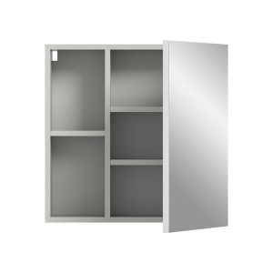 Offener, hellgrauer Spiegelschrank (55x55x17cm) mit Spiegeltür und Fächern.