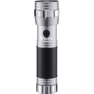 Varta LED-Taschenlampe Brite Essential F10, silberfarben mit schwarzem Griff.