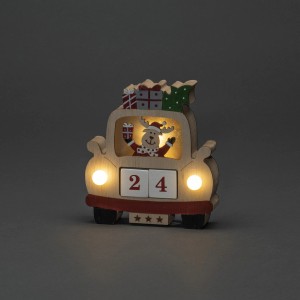 Konstsmide LED Holzsilhouette Rentier im Auto mit Datumswürfeln als Weihnachtsdeko.