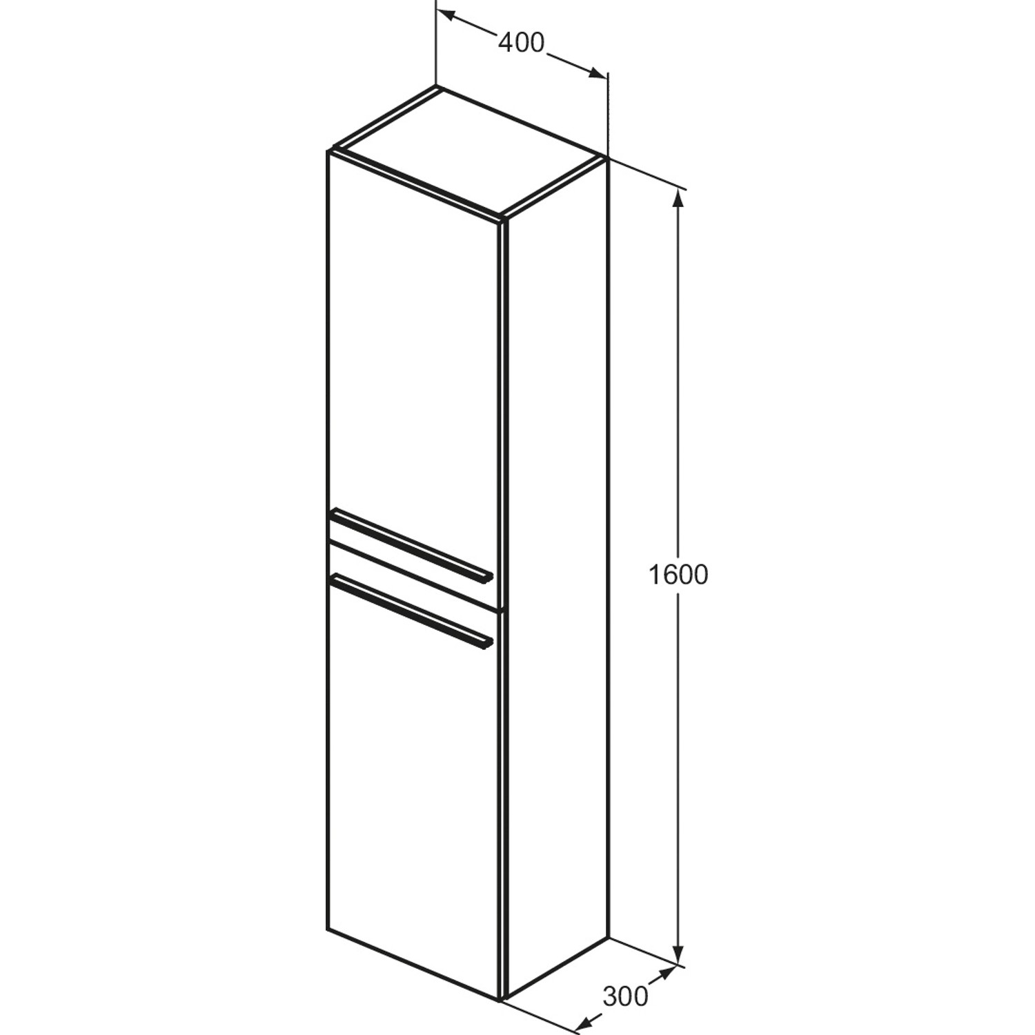 Skizze: Ideal Standard Bad-Hochschrank i.life A, weiß hochglanz, 30x160x40cm, Maße für Badezimmer.