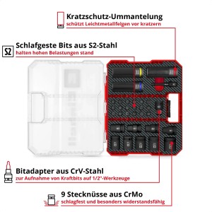 Einhell KFZ Impact Stecknuss Bit Set, 32-teilig im XL Case, 1/2 Zoll.