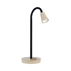 Moderne beige Tischlampe Dotty mit schwarzem, gebogenem Arm und goldenem Drehdimmer auf rundem Fuß. Für Innenleuchten.