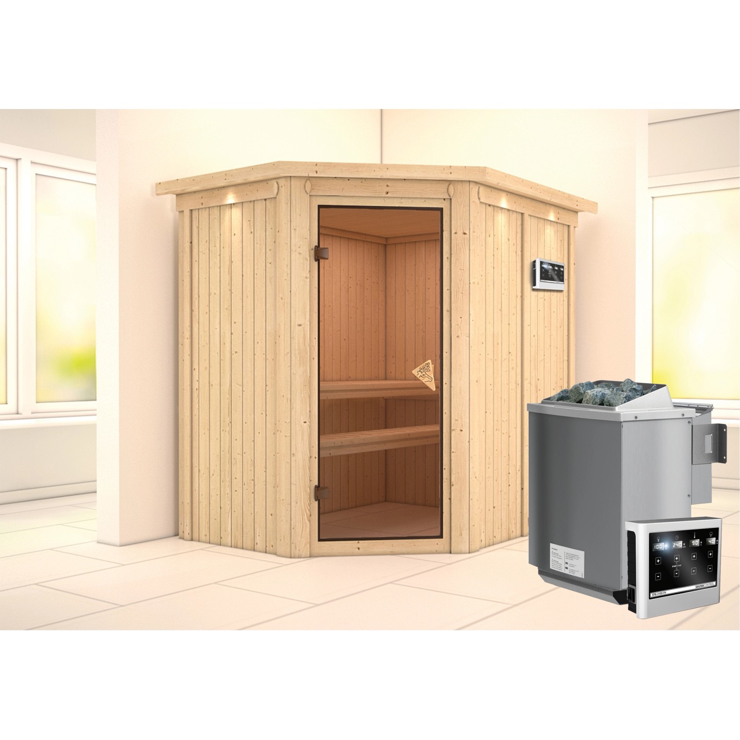 Karibu Sauna-Set Cleo mit Bio-Ofen und Dachkranz aus Fichte. Elementsauna mit Ofen und Steuerung.