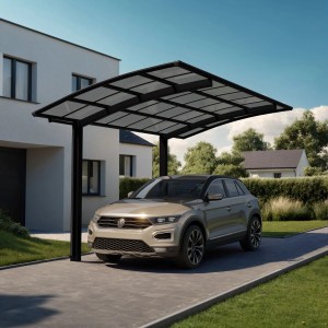 Schwarzer Ximax Alu Einzelcarport Portoforte Typ 60 mit transparentem Dach und Auto.