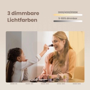 Emke Rund Badspiegel mit dimmbaren Lichtfarben: Frau schminkt sich, zeigt warmes, neutrales und kaltes Licht.