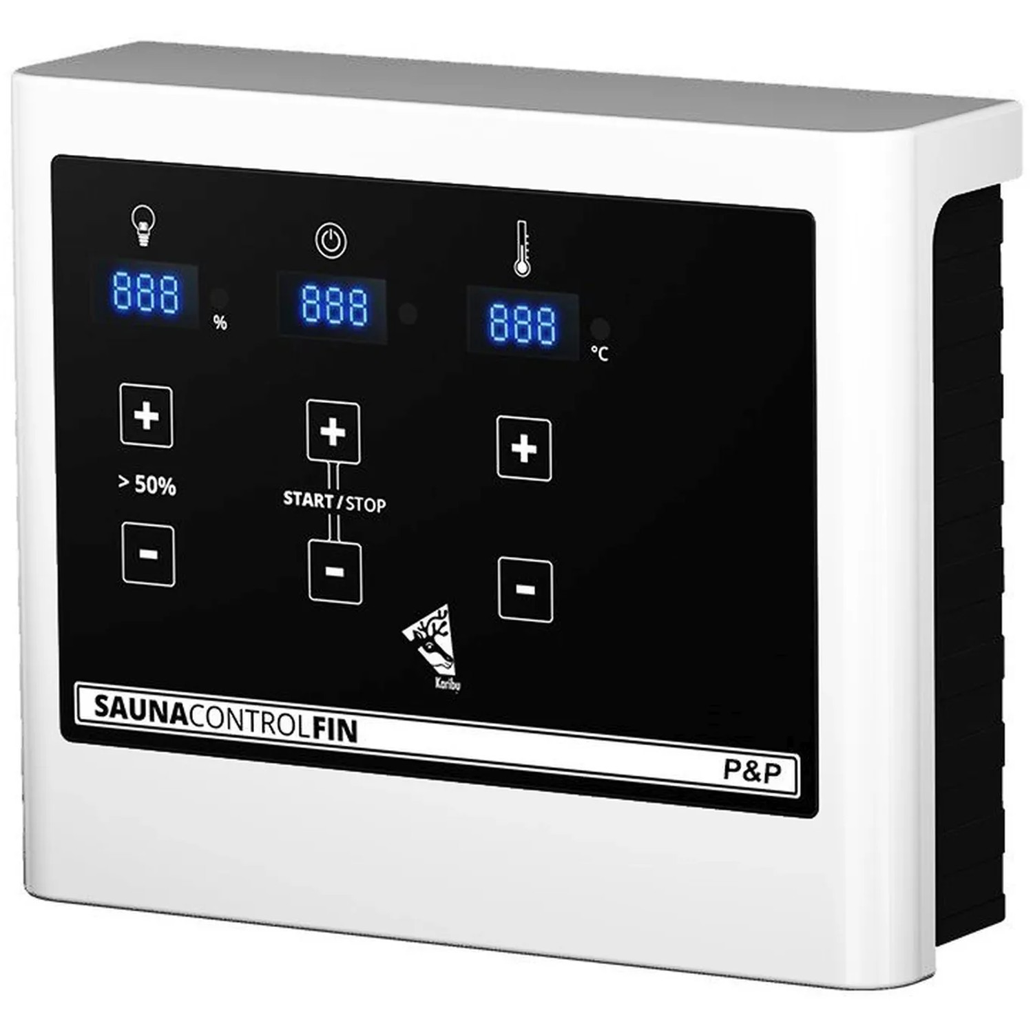 Steuergerät für Karibu Sauna Livia mit LED-Anzeige für Temperatur, Licht und Start/Stopp.