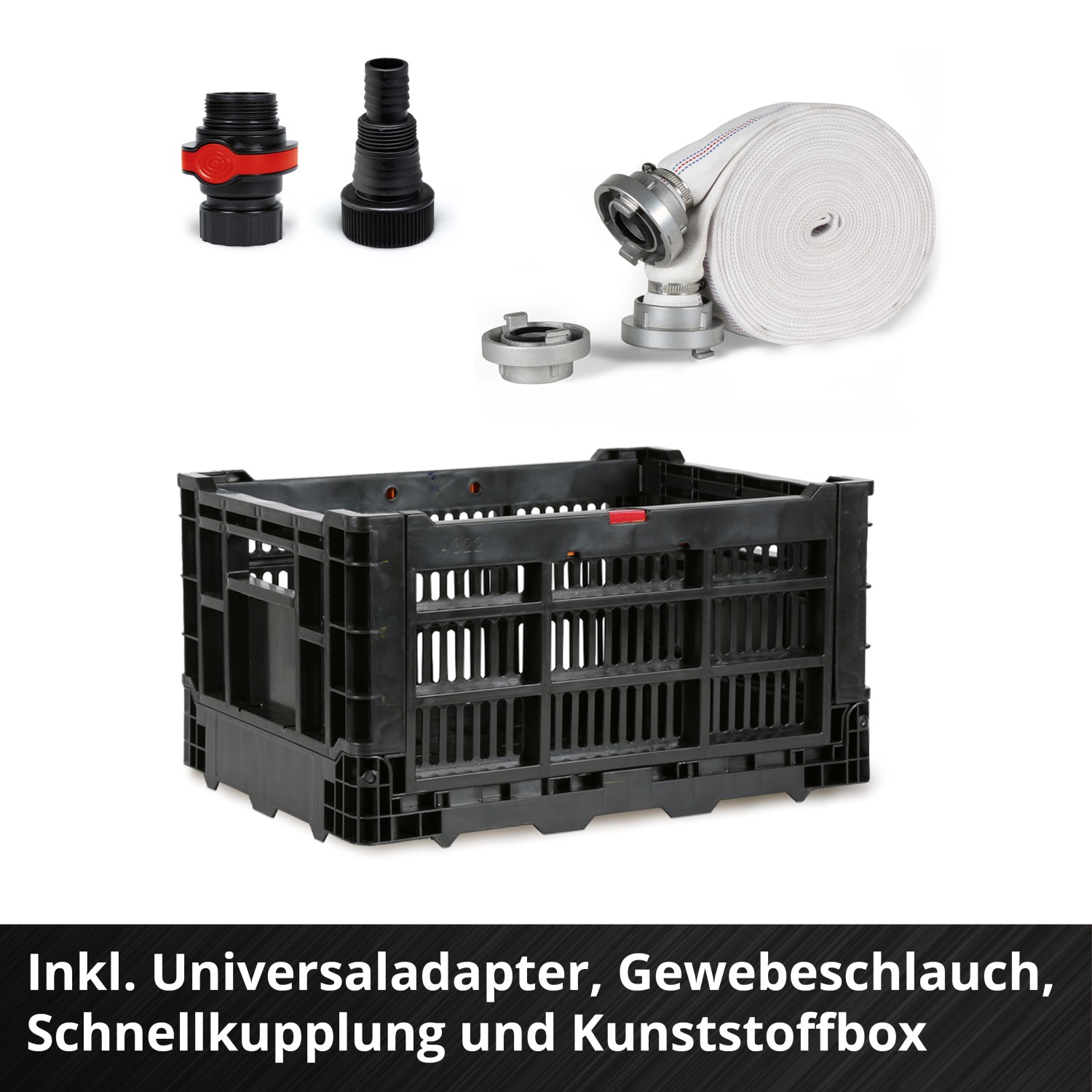 Einhell Flutset Zubehör: Adapter, Gewebeschlauch, Schnellkupplung und Kunststoffbox.