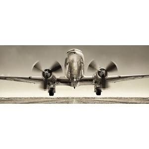 Glasbild Plane III, 125x50cm, zeigt ein silbernes Flugzeug beim Start. Moderne Wanddeko für Luftfahrt-Fans.