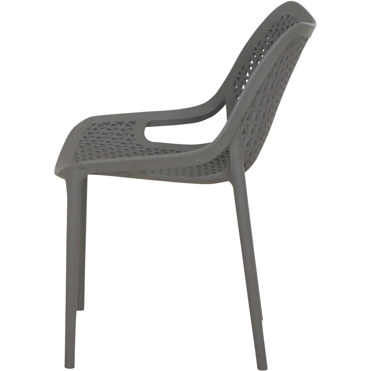 Grauer Siena Garden District Stapelsessel, Gartenstuhl mit Armlehne und durchbrochenem Design.