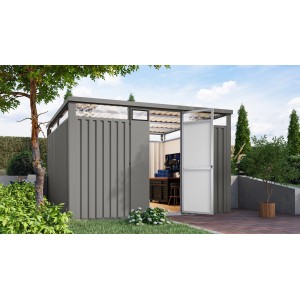 Karibu Metallgerätehaus Amato 3,5 in Graualuminium mit geöffneter Tür und Lichtband.