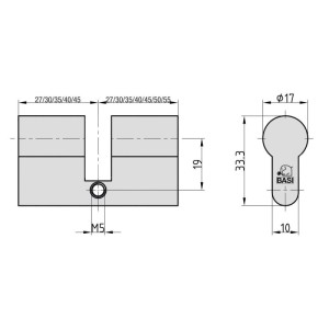 Technische Zeichnung Basi BZ 100 Profil Blindzylinder 40/40 mm, Eisenwarenbeschlag mit Maßen.