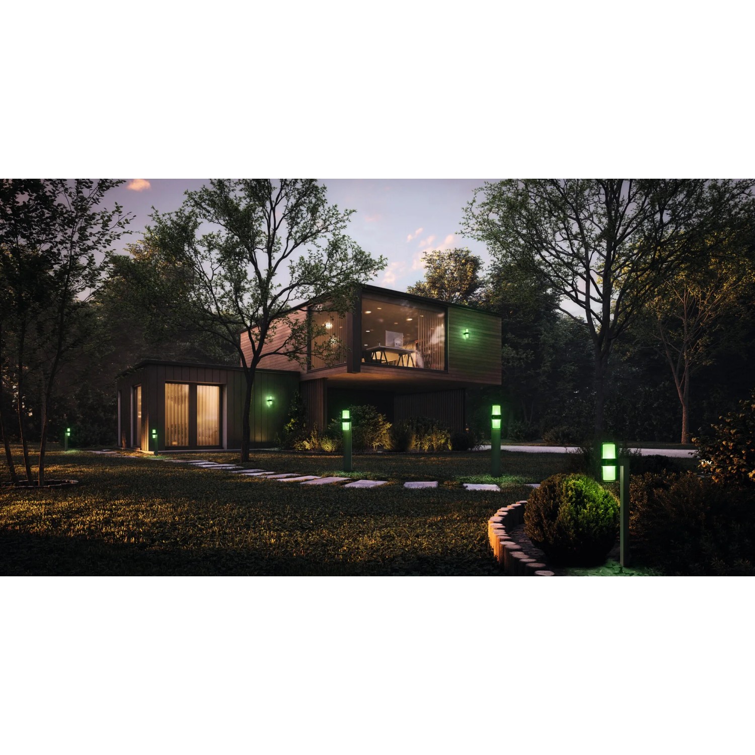 LEDVANCE Smart+ Standleuchte Flare Multicolor im Garten, smarte Außenleuchte mit grüner Beleuchtung.