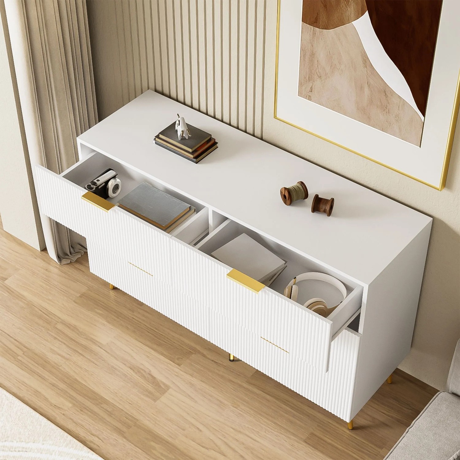 okwish Sideboard mit Schubladen Stauraum Wohnzimmer Elegant Modern 120x77x40cm Weiß_4