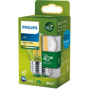 Philips LED-Lampe E27, Tropfenform, 2,3W, ultraeffizient, warmweißes Licht im Karton.