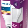 Philips LED-Lampe E27, 7W, Glühlampenform, warmweiß, in lila Verpackung.
