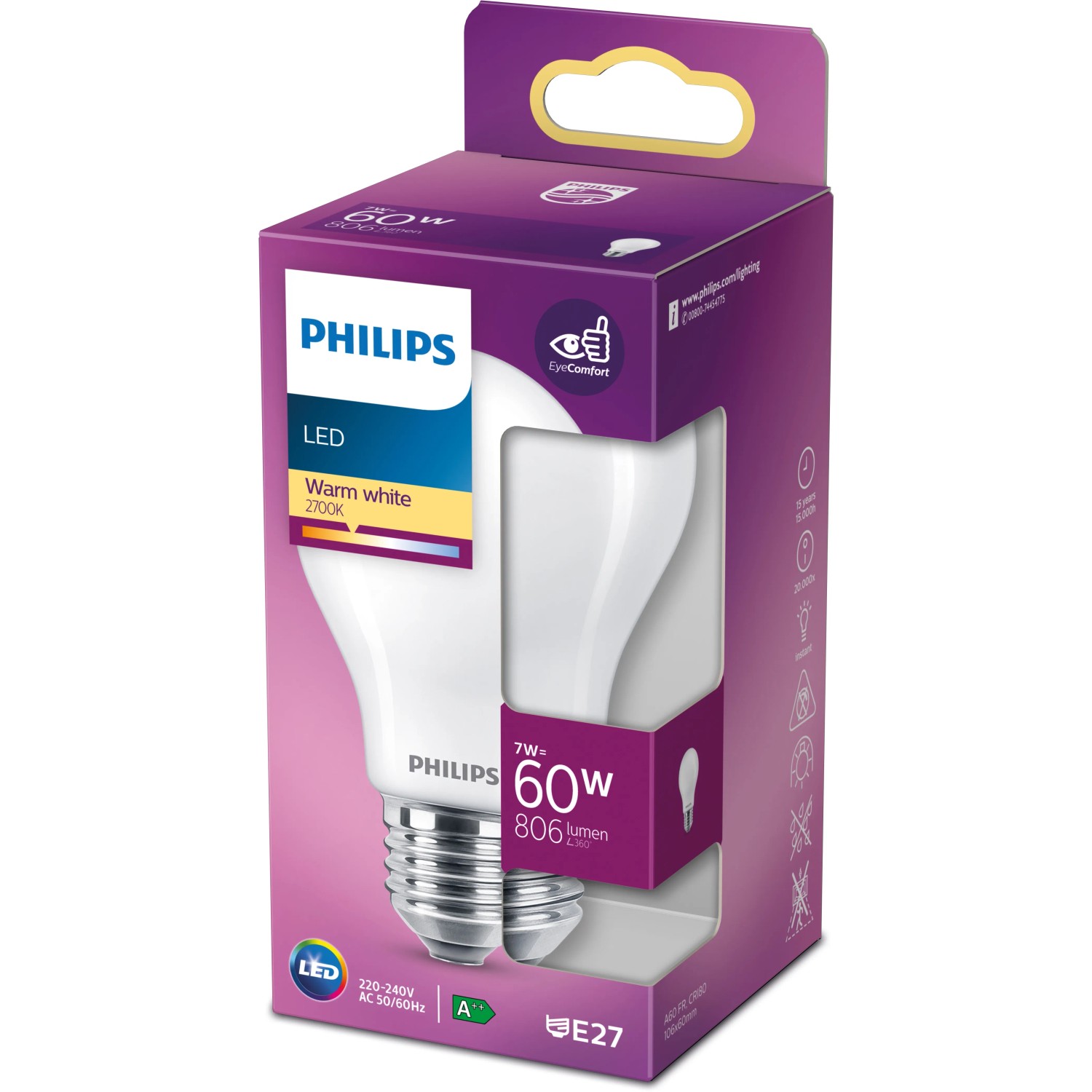Philips LED-Lampe E27, 7W, Glühlampenform, warmweiß, in lila Verpackung.