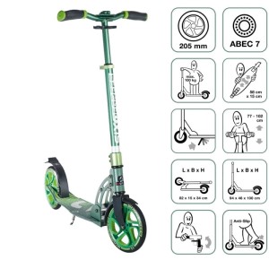 Grüner Six Degrees Aluminium Scooter mit Klappmechanismus, Ständer und 205 mm Rollen. Höhenverstellbarer Roller für Sport.