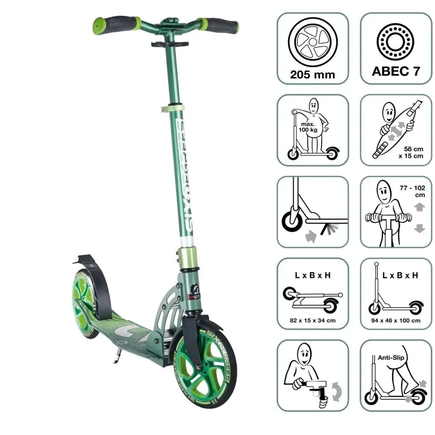 Grüner Six Degrees Aluminium Scooter mit Klappmechanismus, Ständer und 205 mm Rollen. Höhenverstellbarer Roller für Sport.