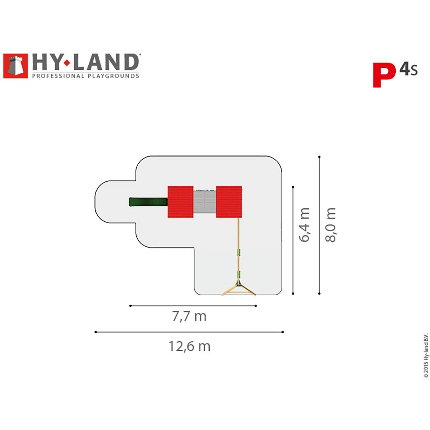 Draufsicht Hy-Land Spielgerät P4S mit Maßen: Rutsche, Doppelschaukel, Premium Douglasie.